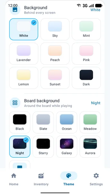 Theme screen with app and board backgrounds