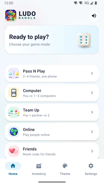 Home screen listing every game mode