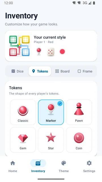Inventory screen with six token styles